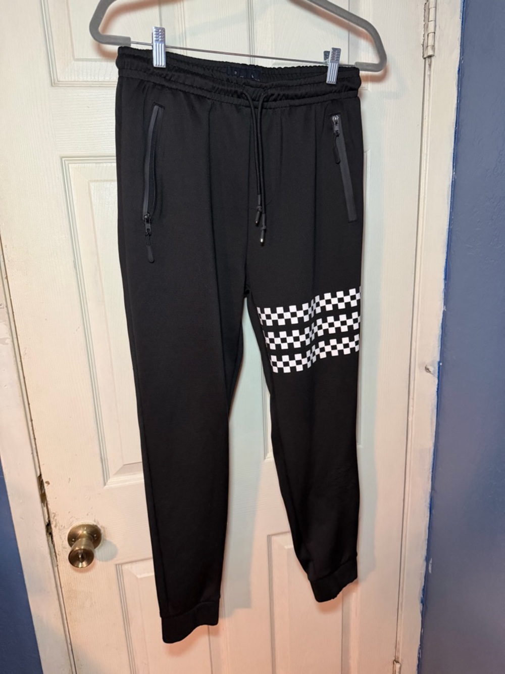 Public Record Men's Black Joggers with White Checker Stripe